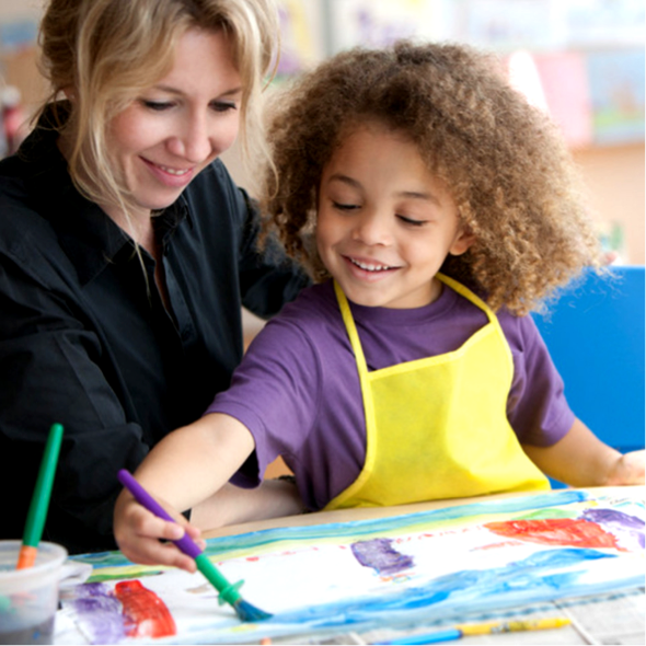 Woman behind a child helping them paint.